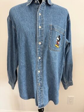 Vintage Disney Mickey Mouse denim embroidered buttondown shirt made in Hong Kong